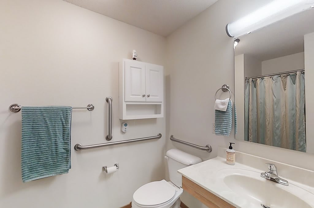 A clean bathroom featuring a toilet, sink, and mirror with accessible grab bars and towel racks.