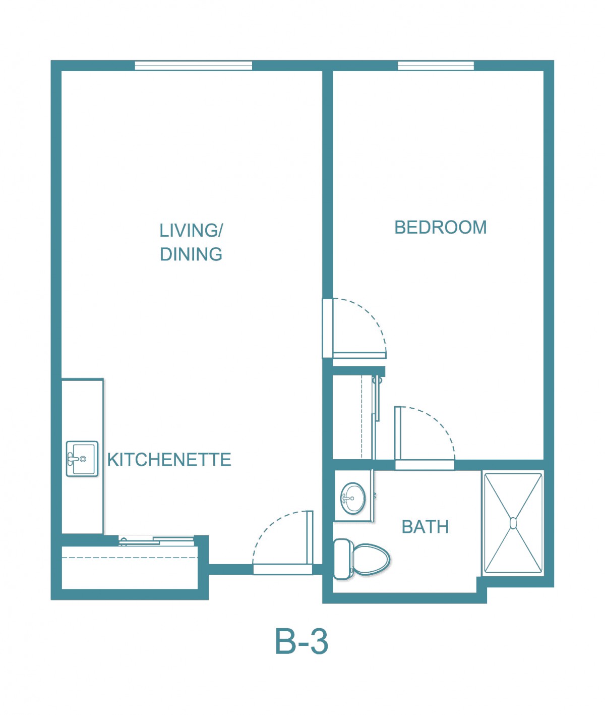 A floor plan of an apartment labeled 'B-3', featuring one bedroom, a living/dining area, a kitchenette, and a bathroom.