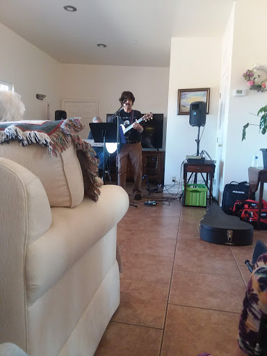 A musician performing in a cozy living room setting.