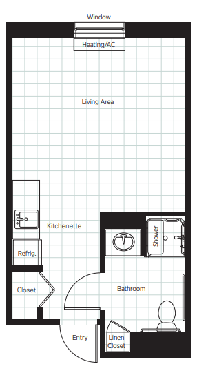 Studio apartment floor plan showing living area, kitchenette, and bathroom.