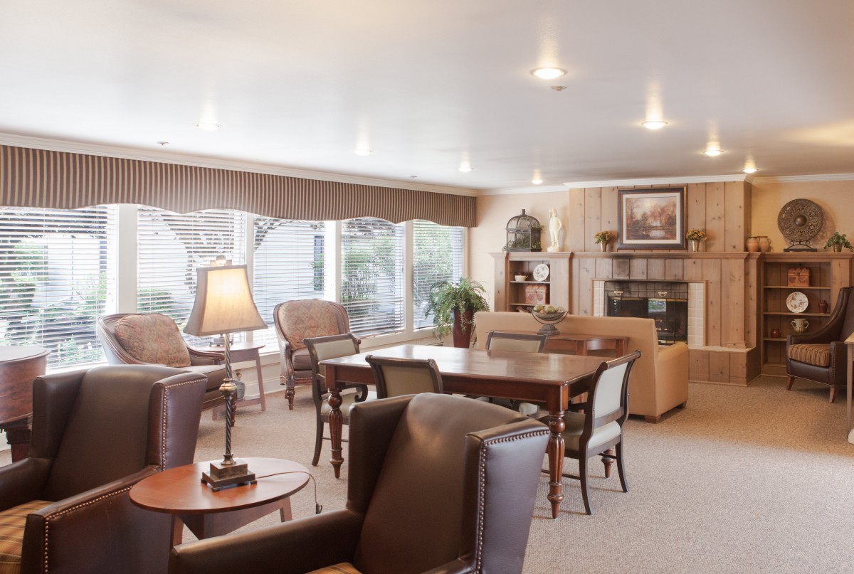 A cozy living room with comfortable seating and a fireplace, illuminated by natural light.