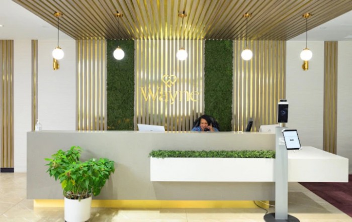 A modern reception area with green accents and stylish lighting.