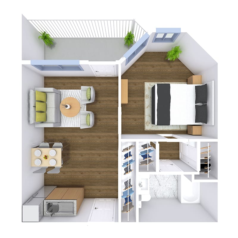 A 3D floor plan of a modern apartment featuring a bedroom, living area, kitchen, bathroom, and balcony.