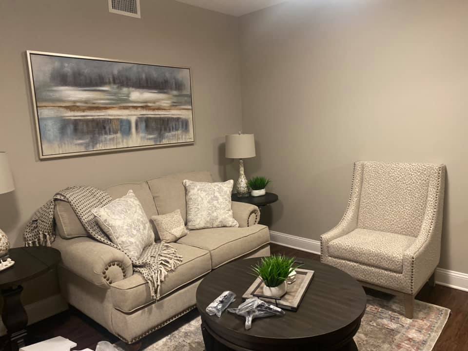 Cozy living room with neutral tones and modern decor.