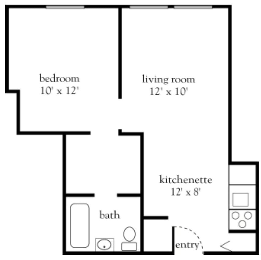 This is a floor plan of a one-bedroom apartment featuring a living room, kitchenette, and bathroom.