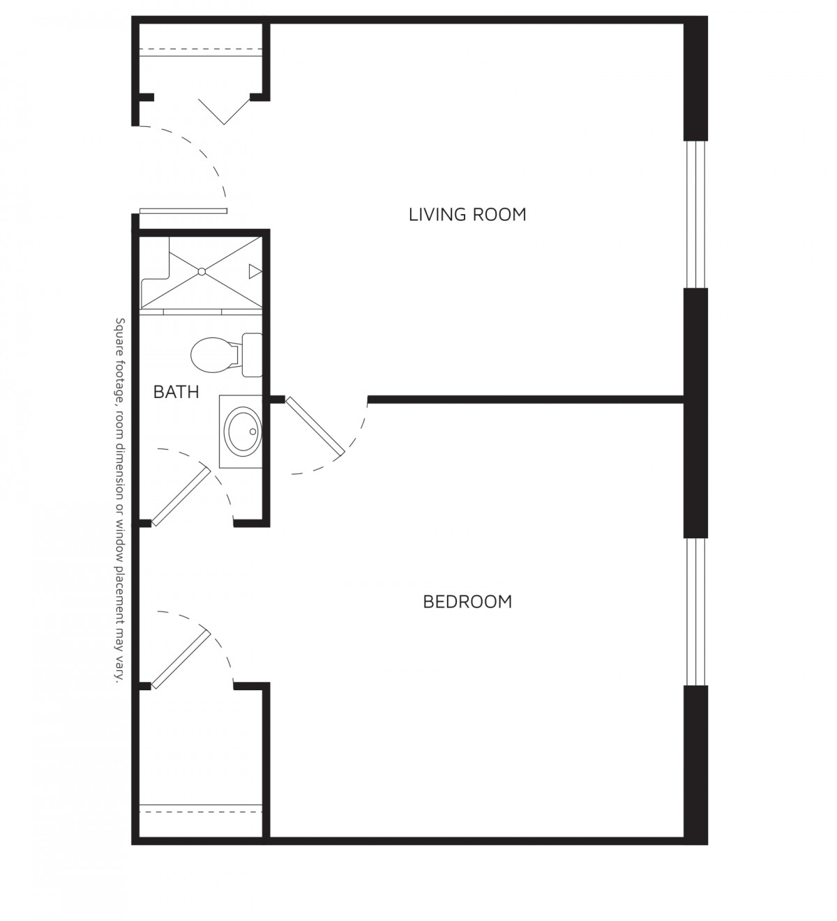 A simple floor plan of an apartment showing a living room, bedroom, and bathroom.