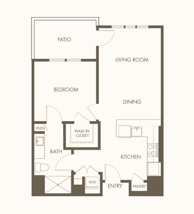 Floor plan of a one-bedroom apartment with living room, kitchen, bathroom, and patio.