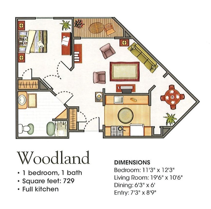 Woodland apartment floor plan featuring one bedroom, one bathroom, a full kitchen, living room, and dining area.