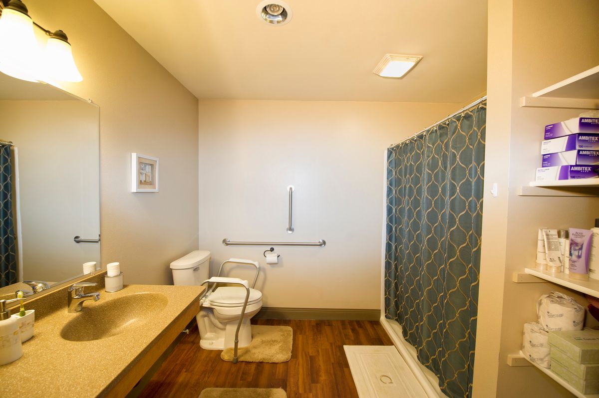 An accessible bathroom with a shower, toilet, sink, and safety grab bars.