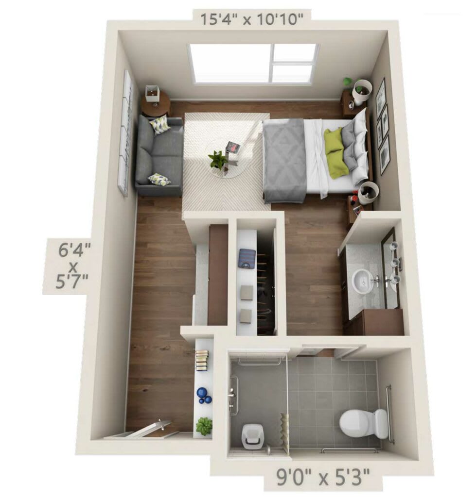 A 3D floor plan of a compact studio apartment featuring a combined living and sleeping area, with a small kitchen and bathroom.