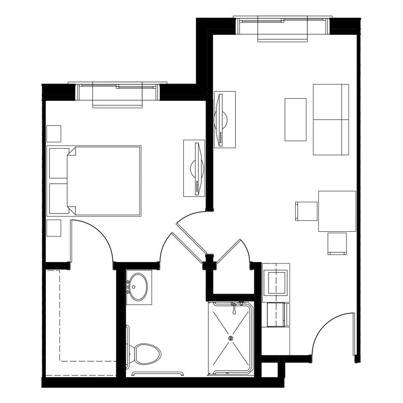 Floor plan of a one-bedroom apartment with living area, kitchen, and bathroom.