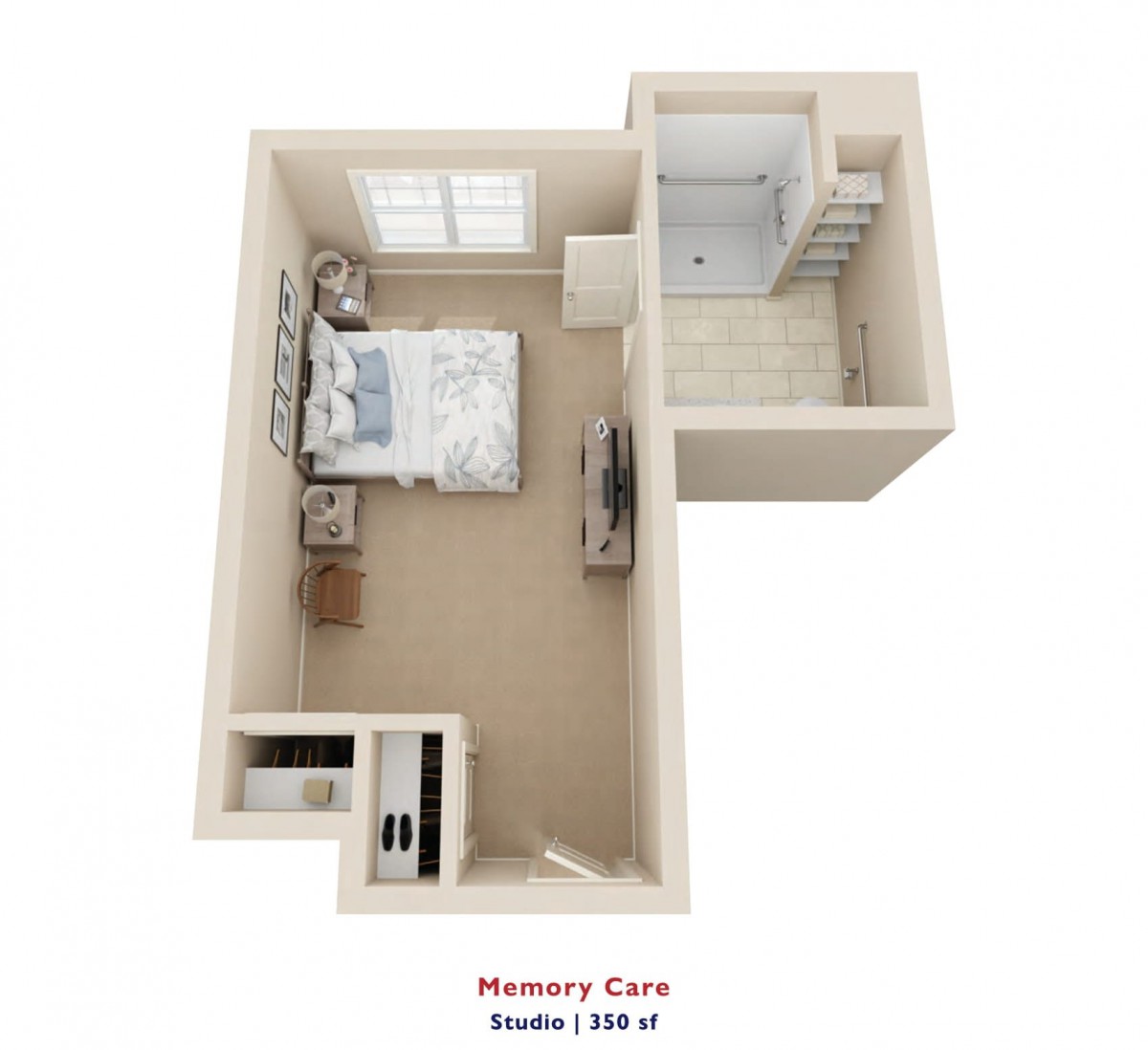 3D floor plan of a memory care unit featuring a bedroom and bathroom.