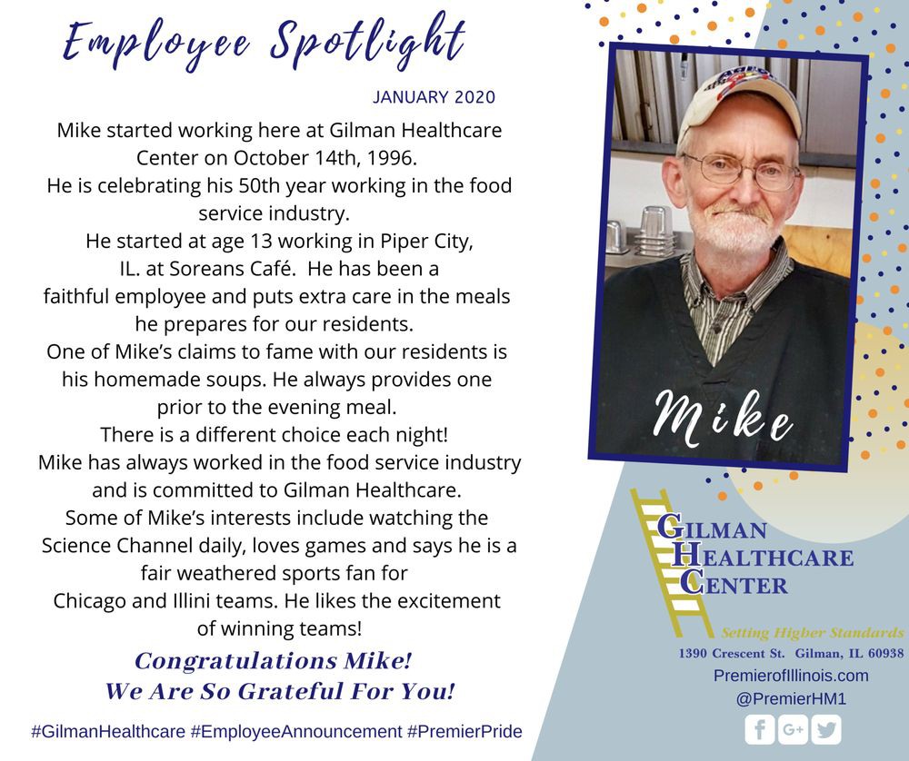 An employee spotlight highlighting Mike's 25th anniversary at Green Healthcare Center, celebrating his dedication and contributions.
