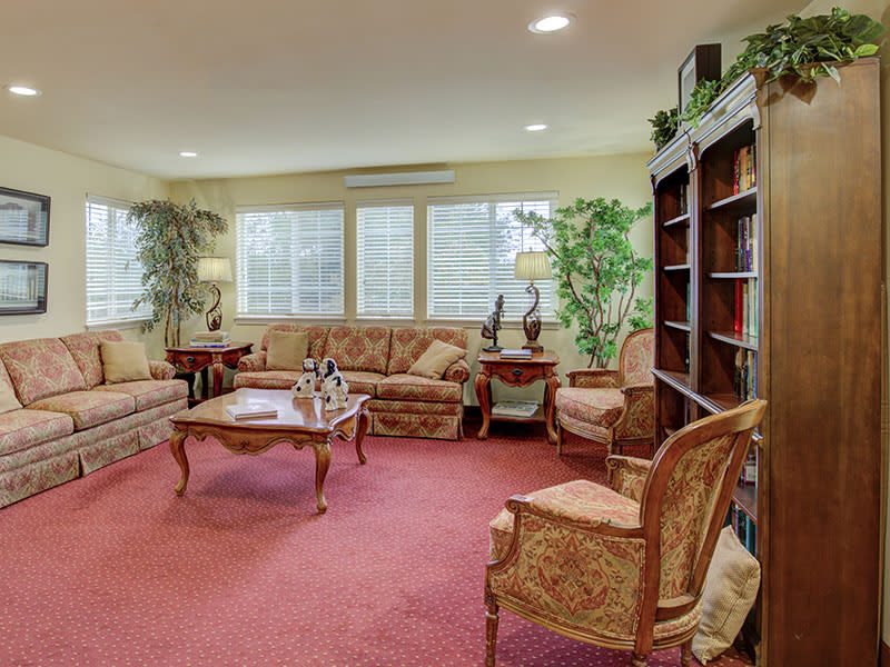 A cozy living room with classic furniture, including sofas, chairs, a central table, and a bookshelf. The room is carpeted and has large windows that bring in natural light, complemented by indoor plants.