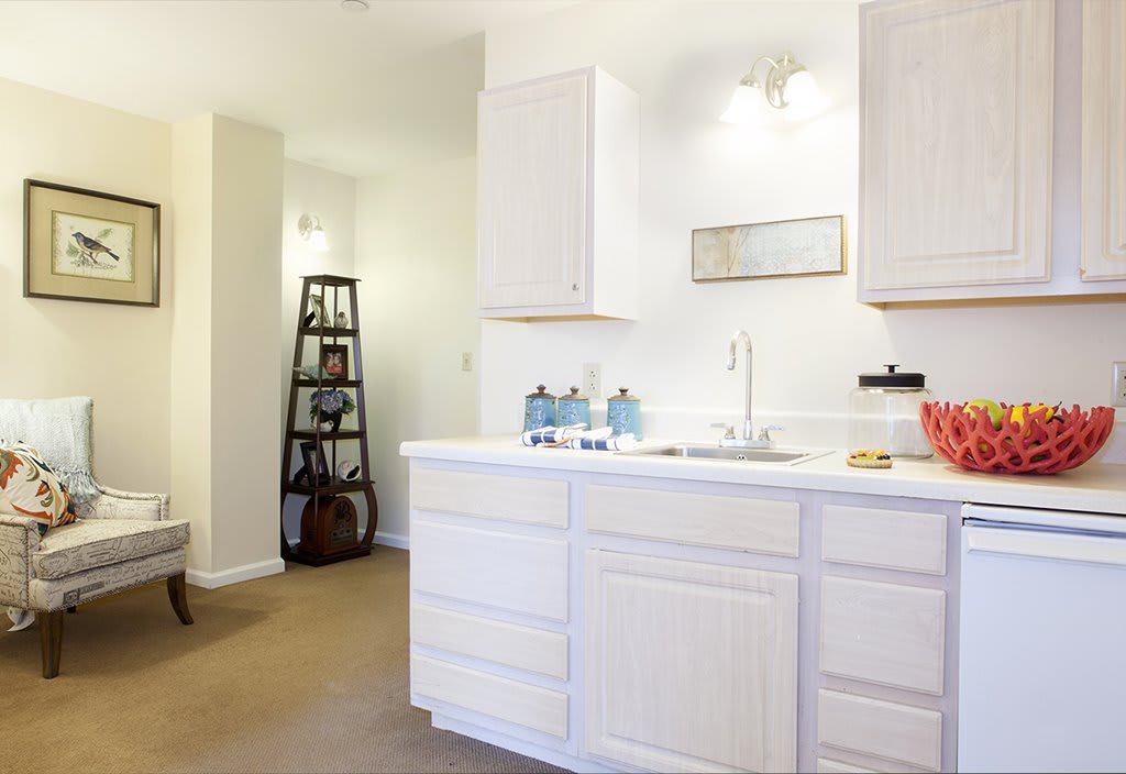 A modern kitchen with white cabinets and minimalist decor.