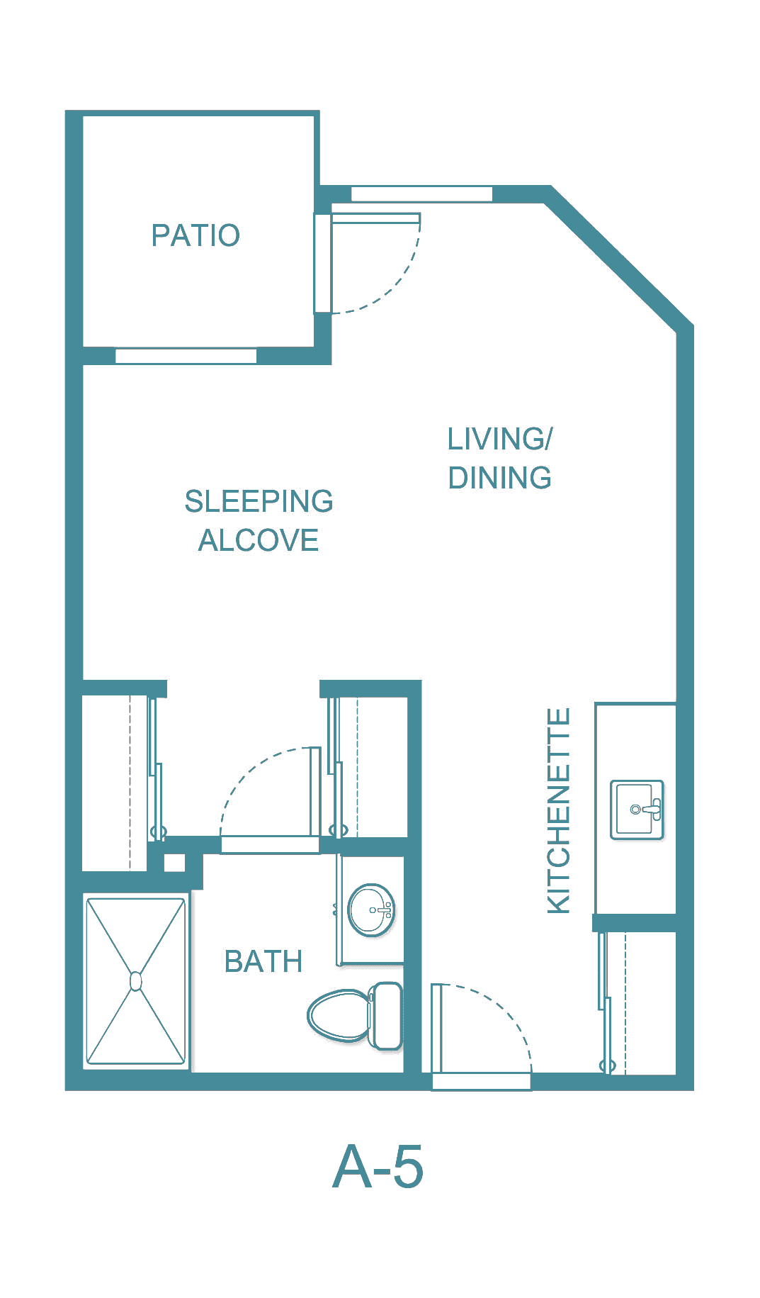 A floor plan of a studio apartment featuring a living/dining area, sleeping alcove, kitchenette, and bathroom.