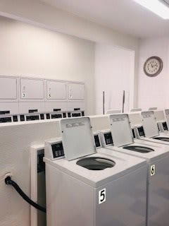 A clean and organized laundry room with multiple washing machines lined up in rows.