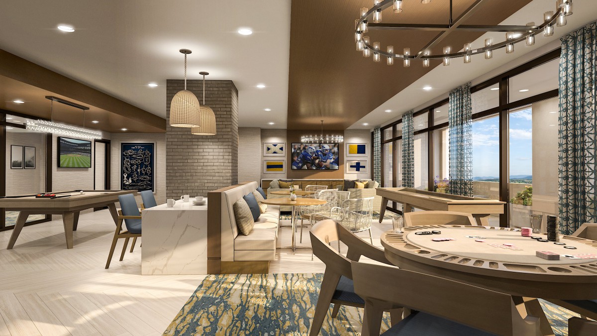 A modern dining area with contemporary furnishings and stylish lighting.
