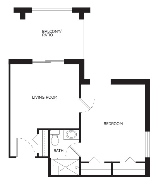 A floor plan of a one-bedroom apartment including a living room, bathroom, and balcony.