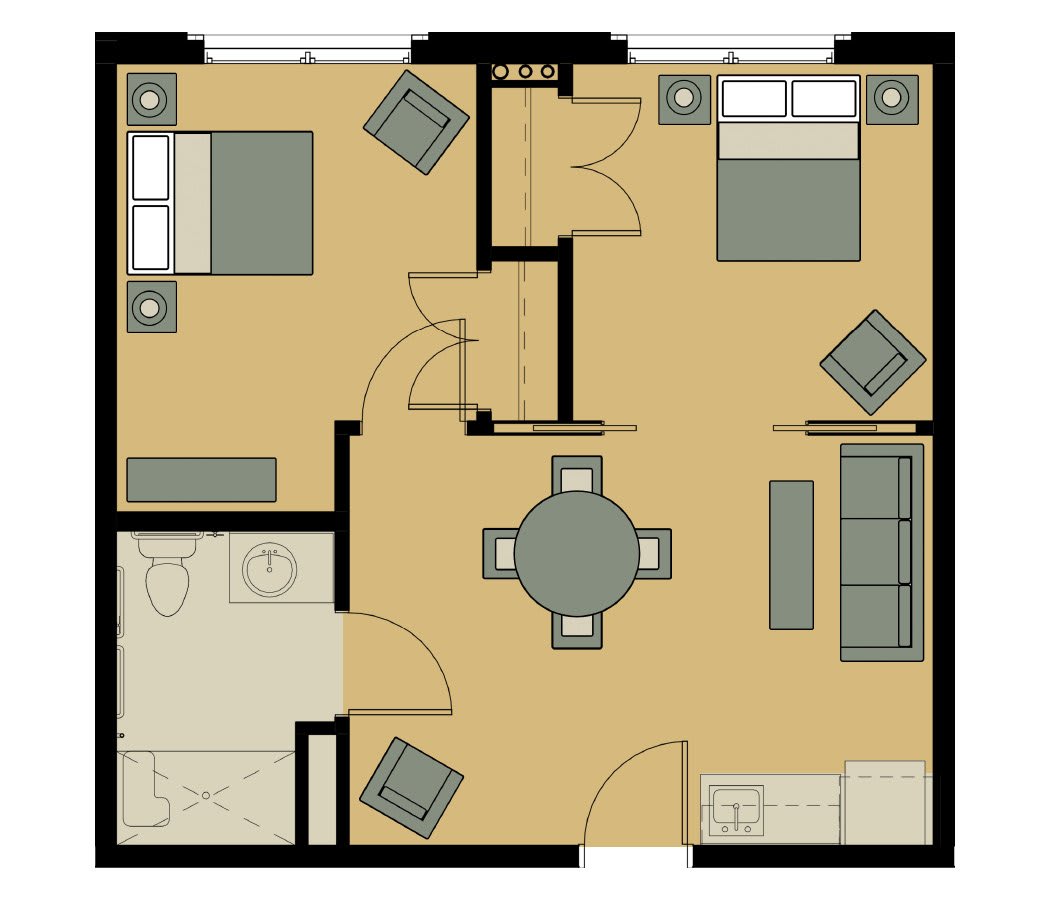 A floor plan of a two-bedroom apartment featuring a living room, kitchen, and bathroom.