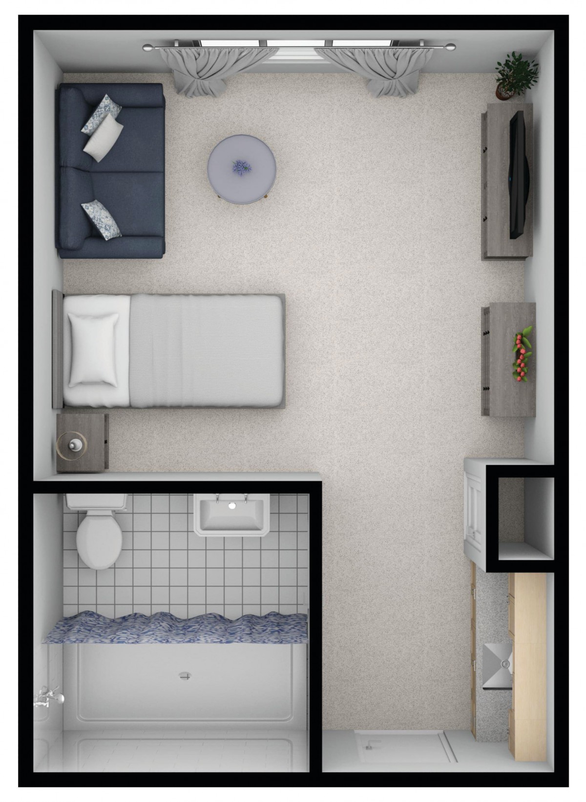 A compact studio apartment floor plan featuring a bed, sofa, bathroom, and TV stand.