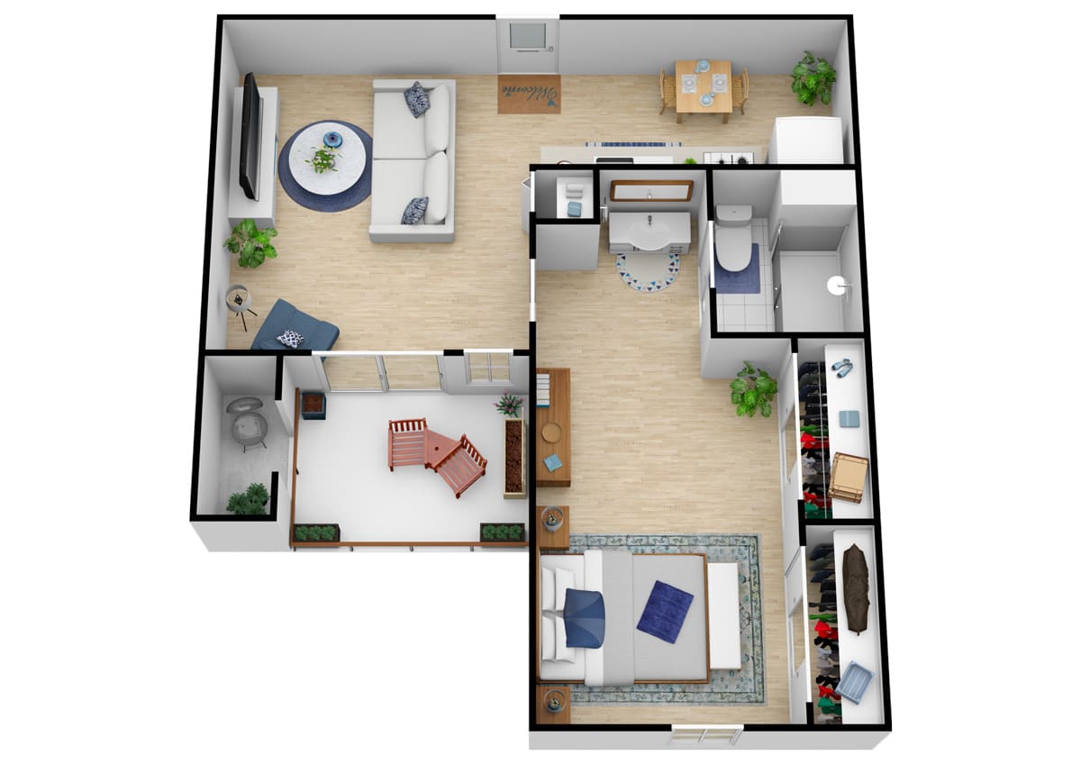 A 3D rendering of a modern apartment floor plan showcasing the layout and furniture arrangement.