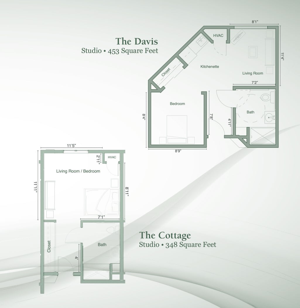Architectural floor plans for 'The Barn' and 'The Cottage' studio spaces.