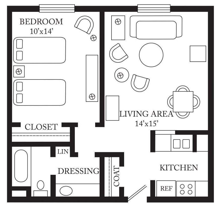 A floor plan showcasing a one-bedroom apartment with labeled areas for living, kitchen, bedroom, closet, and bathroom.