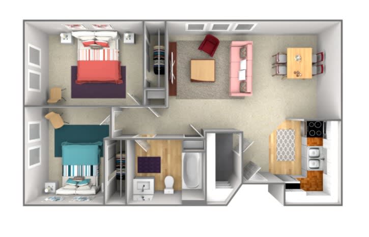 This image displays a floor plan of an apartment, featuring two bedrooms, a kitchen, living room, and bathroom.