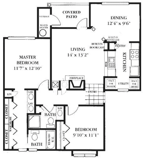 A detailed floor plan of a two-bedroom apartment featuring living and dining areas, kitchen, two bathrooms, and a covered patio.