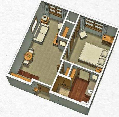 A 3D-rendered floor plan of a small apartment, featuring a bedroom, living area, kitchen, and bathroom.