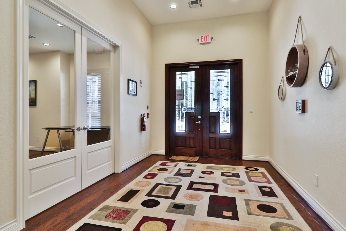 A well-lit entrance hallway featuring a patterned area rug and double glass doors.