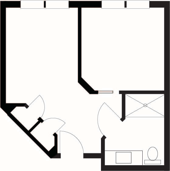 A simple residential floor plan layout with two rooms and a bathroom.