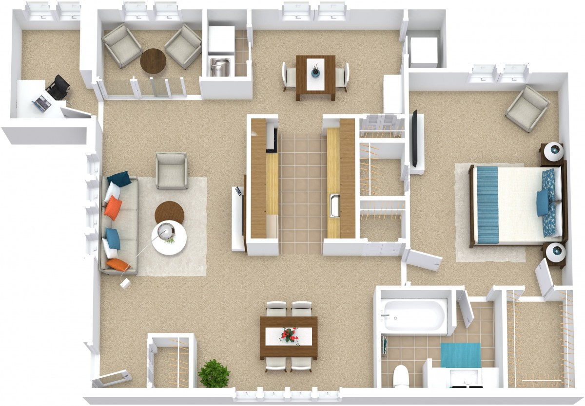 A detailed floor plan showing the layout of an apartment with various rooms and furniture.