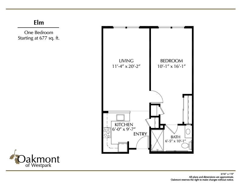 A floor plan of a one-bedroom apartment featuring a kitchen, living room, and bathroom.