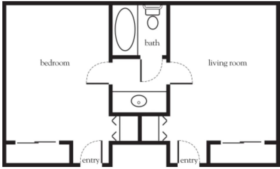 Simple floor plan layout with bathroom and living room.