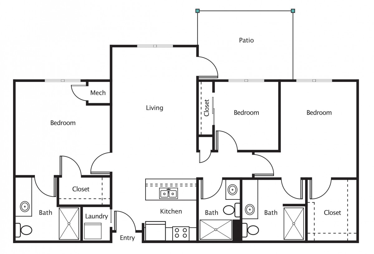 A floor plan of an apartment showing the layout of rooms including living area, kitchen, bedroom, and bathrooms.
