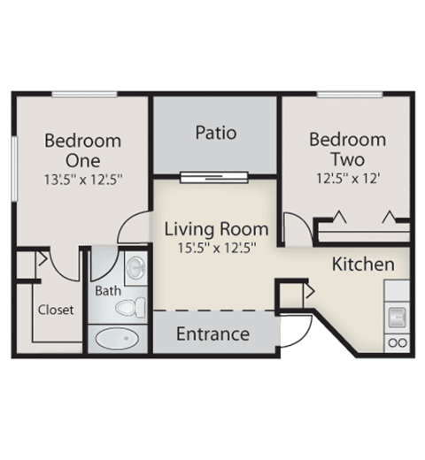 A floor plan of a two-bedroom apartment featuring a living room, kitchen, bathroom, and patio.