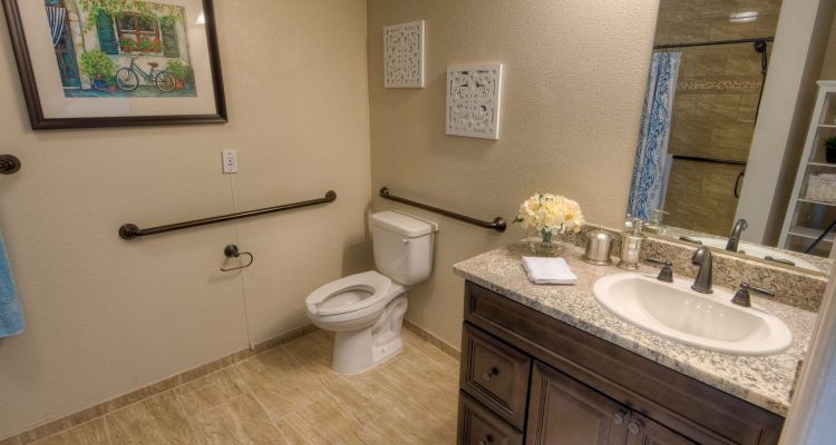 A neatly arranged bathroom with accessibility features.