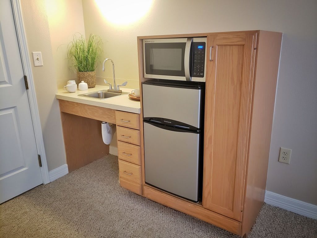 A compact kitchenette featuring a microwave and mini fridge.
