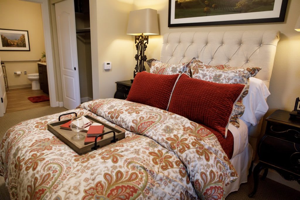 A cozy bedroom with patterned bedding and decorative pillows, featuring a bedside lamp and a tray on the bed.