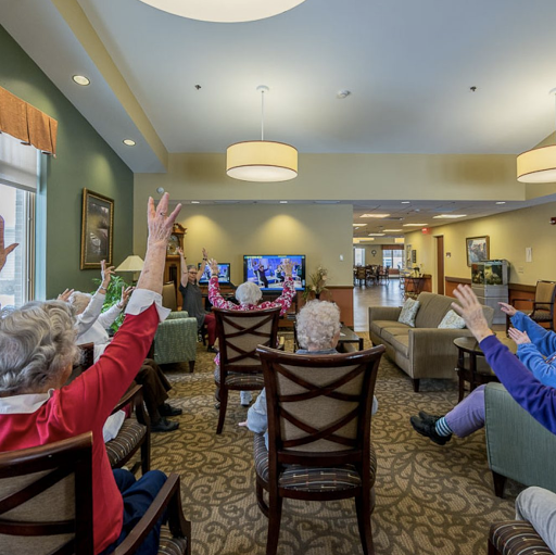 Seniors engaging in a lively group activity at a community center, enjoying entertainment in a cozy lounge setting.