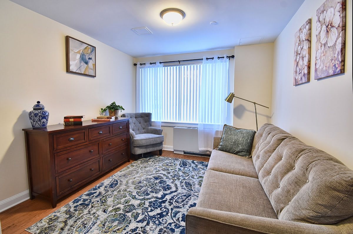 A cozy living room with a couch, armchair, and a decorative rug.