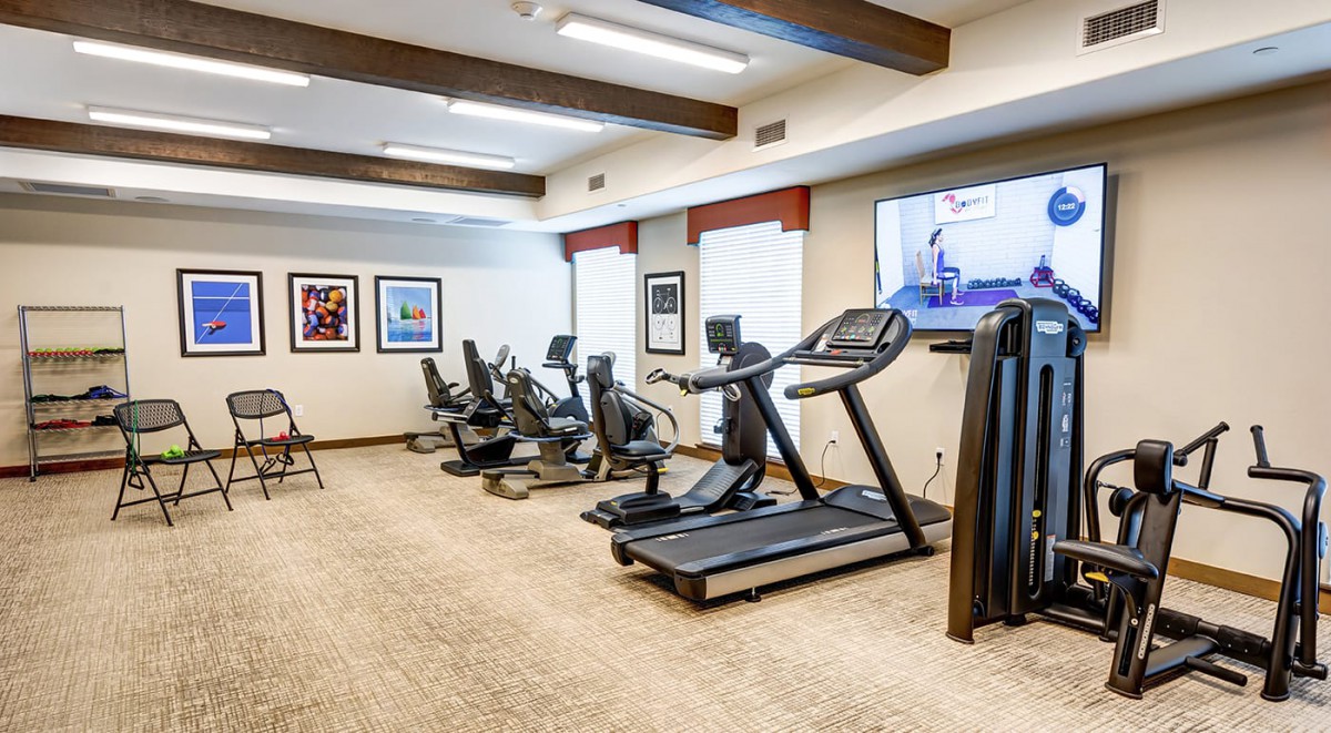 A modern fitness center equipped with treadmills and elliptical machines.