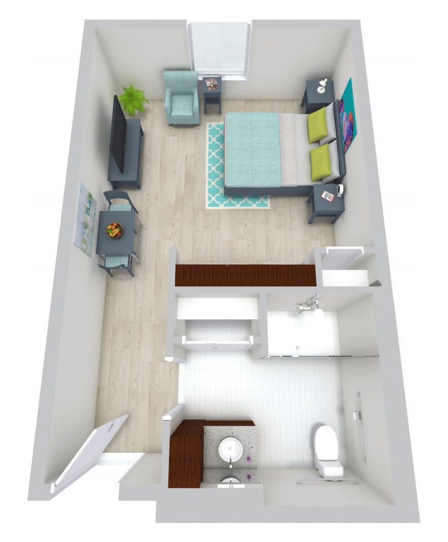A 3D floor plan of a compact studio apartment featuring a bedroom, living area, kitchenette, and bathroom.