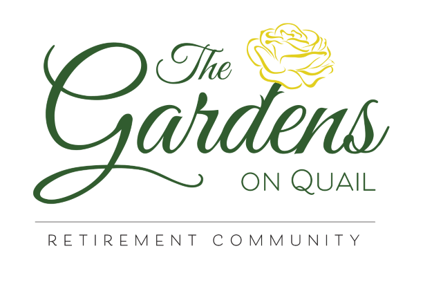 The Gardens on Quail logo featuring elegant script text and a yellow flower.