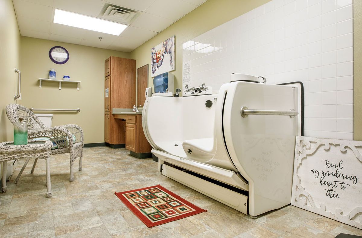 A clean and sterile bathroom with a specialized bathtub in a medical facility.