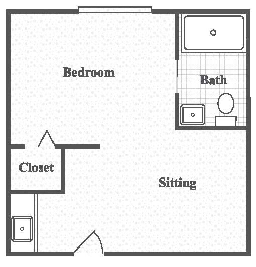 This is a simple floor plan of a living space including a bedroom, bathroom, closet, and sitting area.