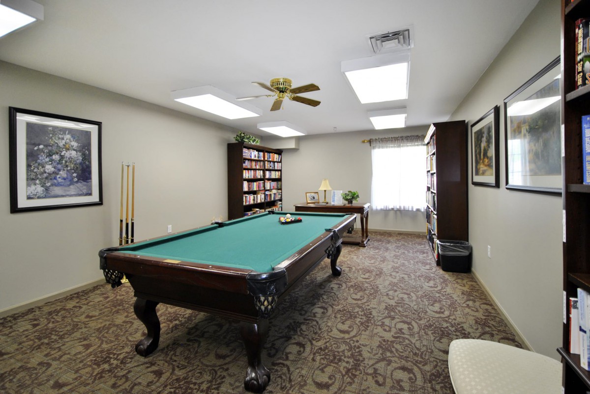 A cozy game room featuring a pool table, bookshelves, and a ceiling fan.