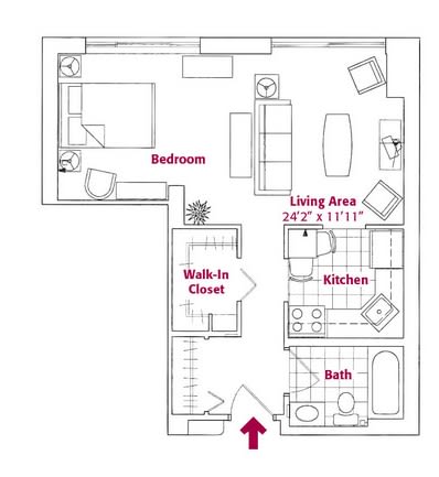 A floor plan of a one-bedroom apartment with labeled areas including a bedroom, walk-in closet, living area, kitchen, and bath.